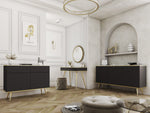 Black wave 3-door sideboard with ribbed doors and angled wooden legs