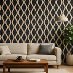 Wave oak acoustic wall panel with wavy pattern behind sofa and lamp area