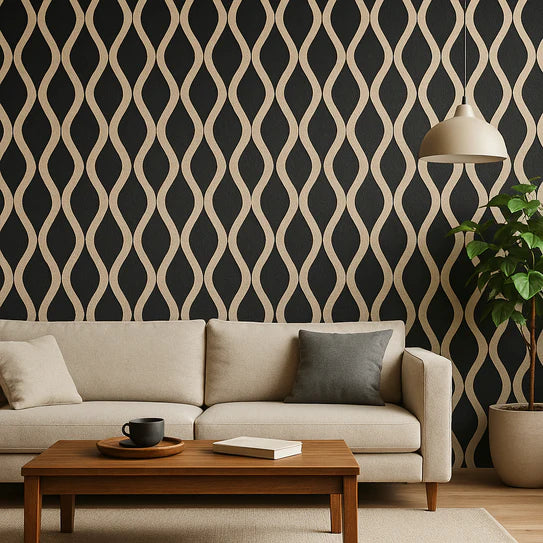 Wave oak acoustic wall panel with wavy pattern behind sofa and lamp area