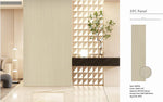 Light oak wall panel board beside geometric 3D panel accent