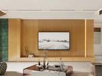 Seamless natural oak wall panel with vertical ribbed slats, installed in living space