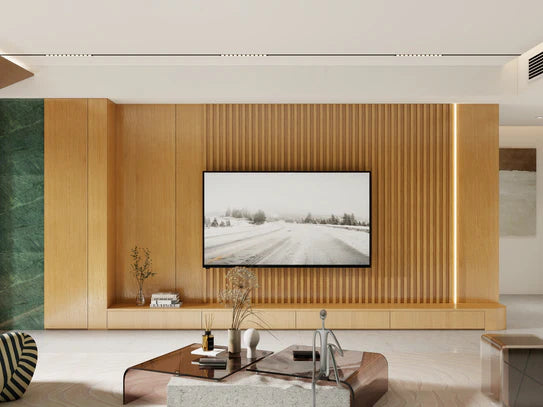 Seamless natural oak wall panel with vertical ribbed slats, installed in living space