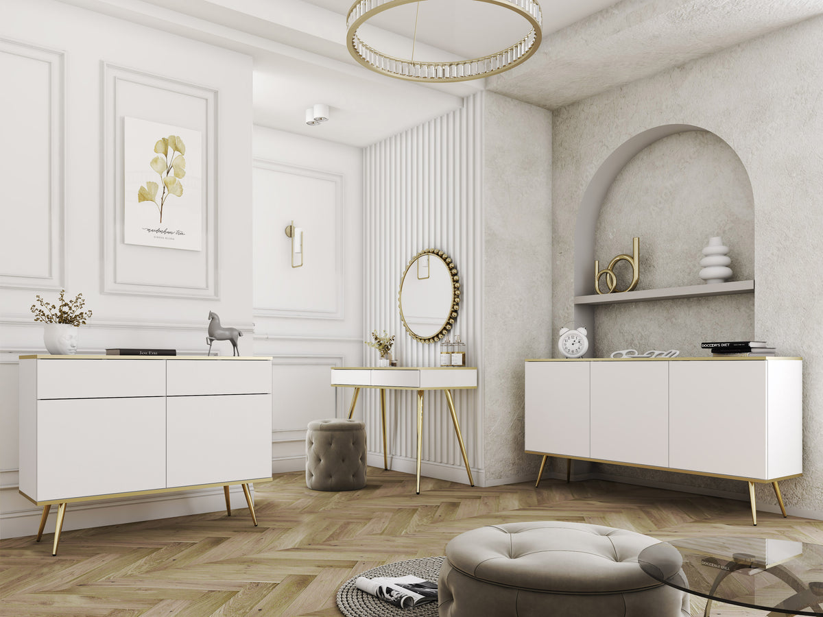 Cashmere 3-door sideboard with three flat doors and gold-toned tapered legs