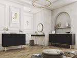 Black 3-door sideboard with three flat doors and gold-toned tapered legs
