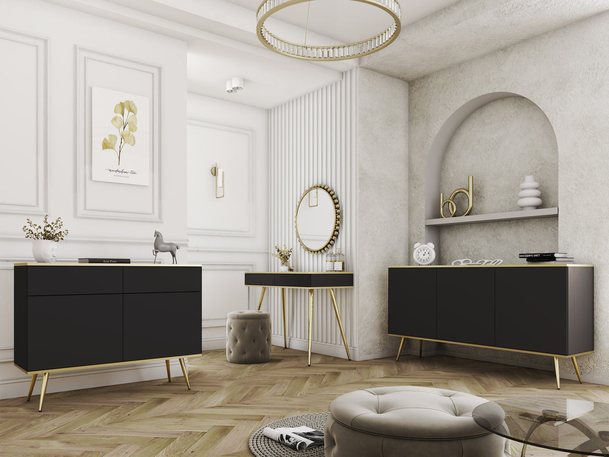 Black 3-door sideboard with three flat doors and gold-toned tapered legs