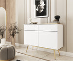 Light cashmere sideboard with 2 drawers and 2 doors, slender gold legs.