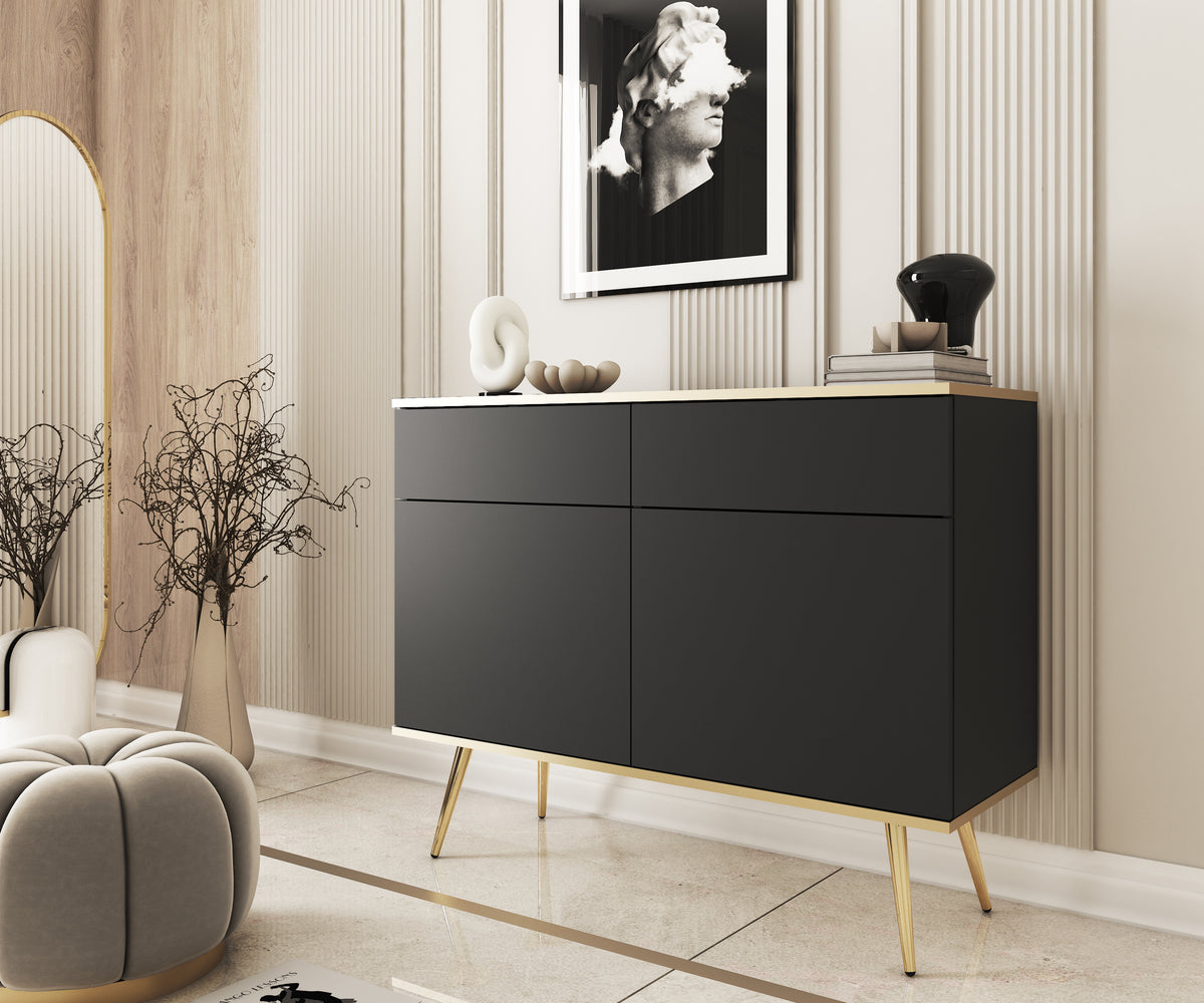 Black sideboard with 2 drawers and 2 doors, tapered gold legs.
