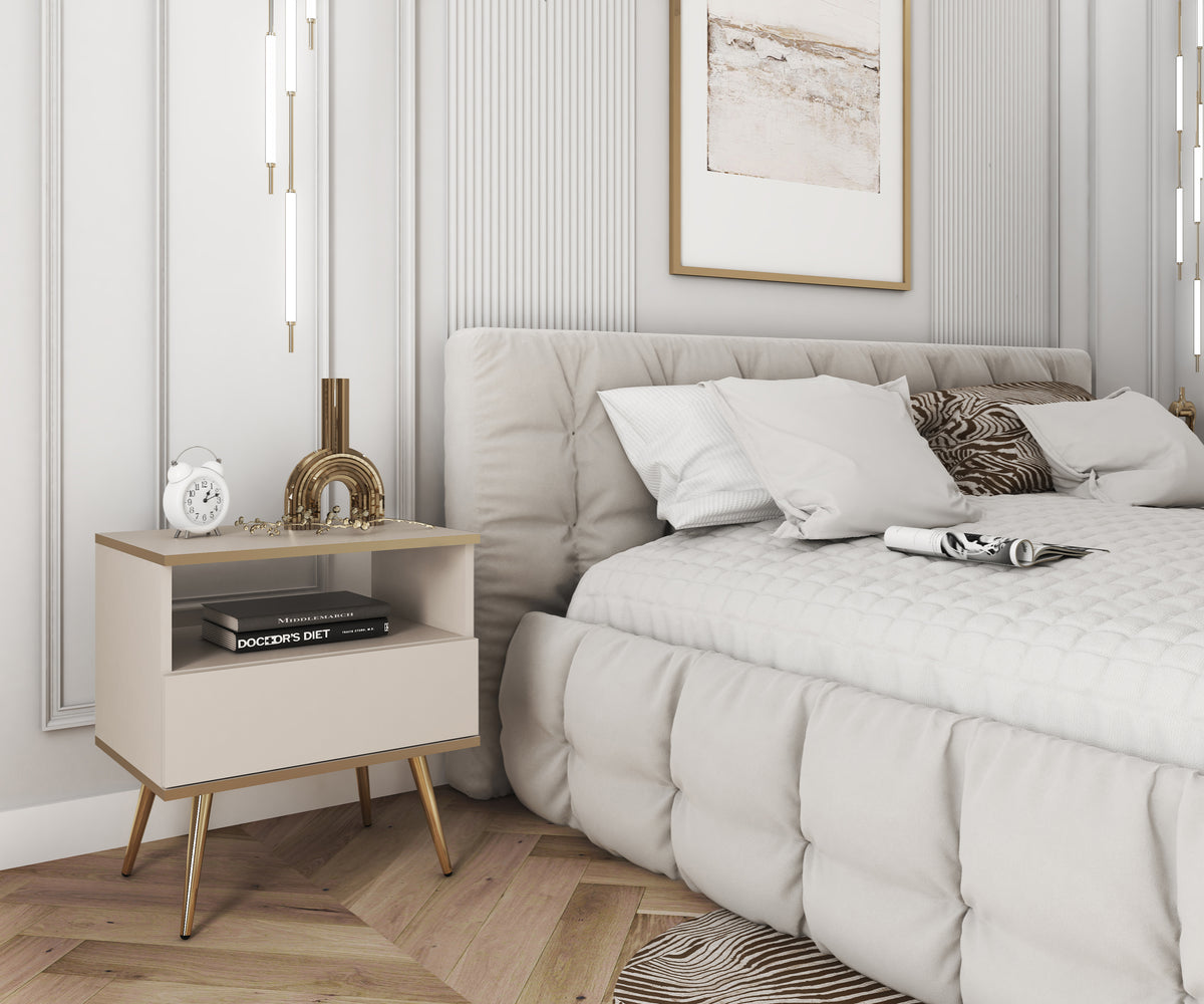 White small bedside cabinet with open shelf and drawer front, light wood legs