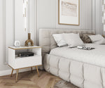 White small bedside cabinet with open shelf and drawer front, light wood legs