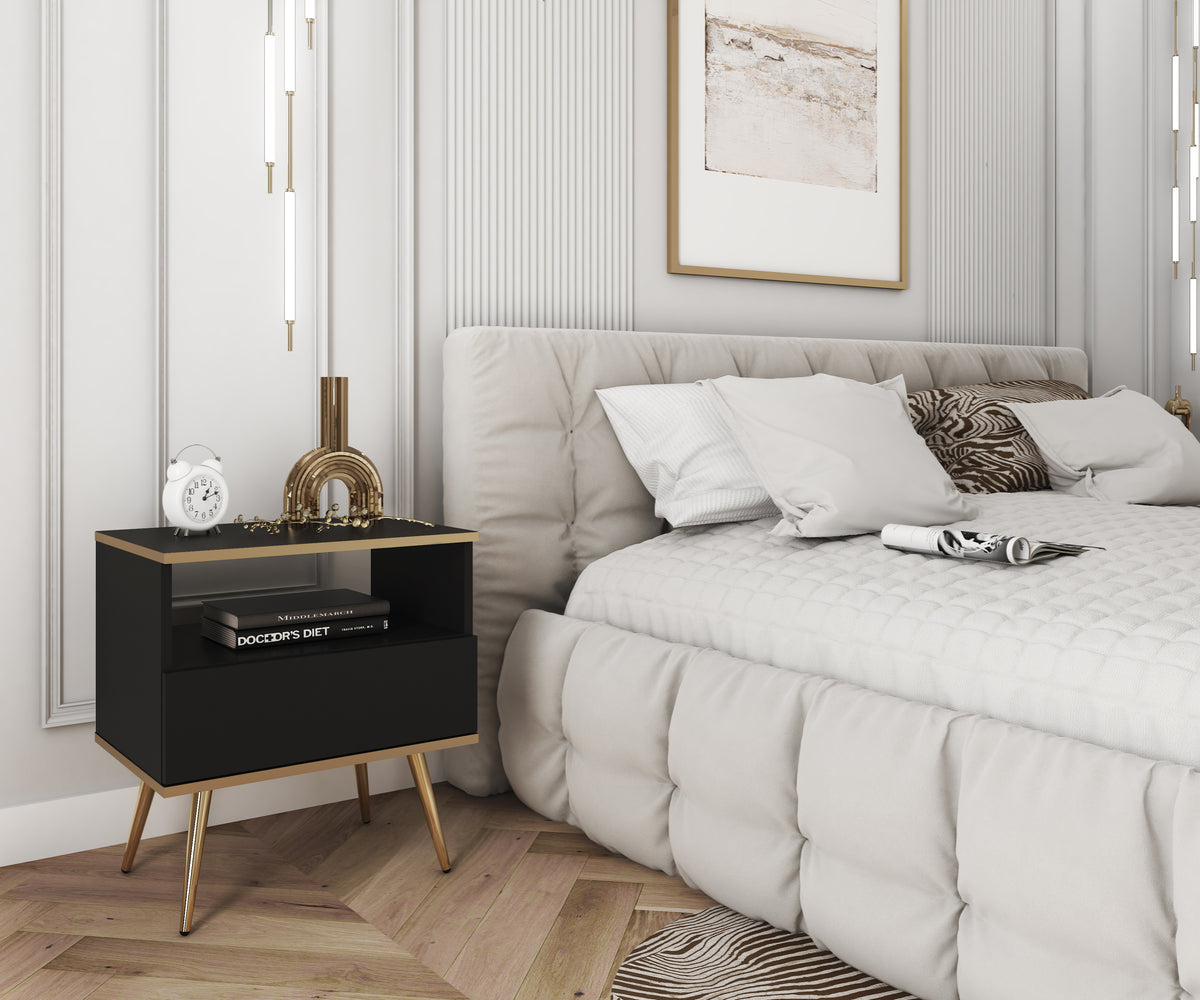 Dark small bedside cabinet with open shelf and drawer front, light wood legs