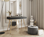 Black dressing table desk with gold legs, drawers and lower open shelf