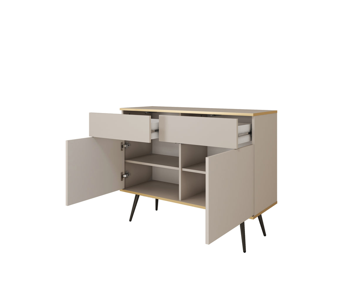 Open cashmere sideboard with 2 drawers, two doors, and two interior shelves.
