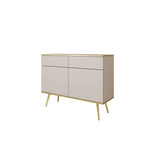 Cashmere sideboard with 2 drawers and 2 doors, tapered gold legs.