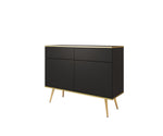 Black sideboard with 2 drawers and 2 doors, tapered gold legs.