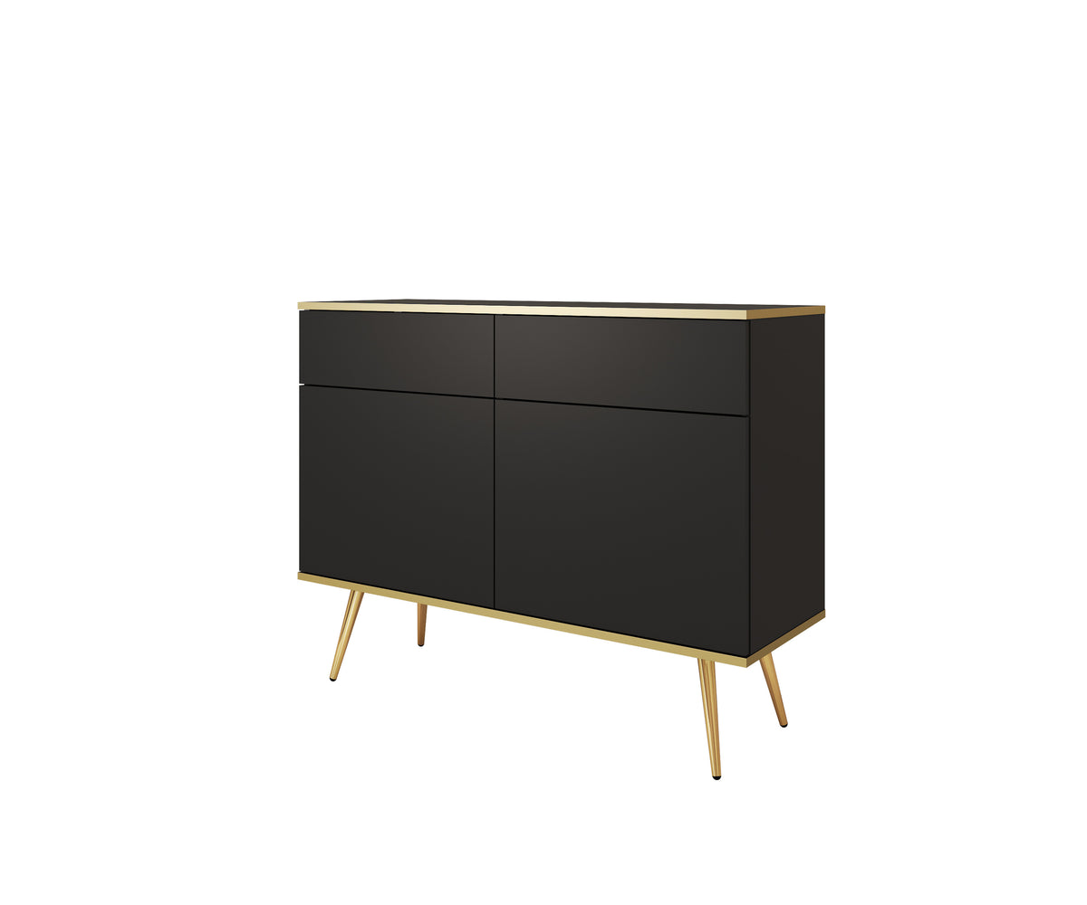 Black sideboard with 2 drawers and 2 doors, tapered gold legs.