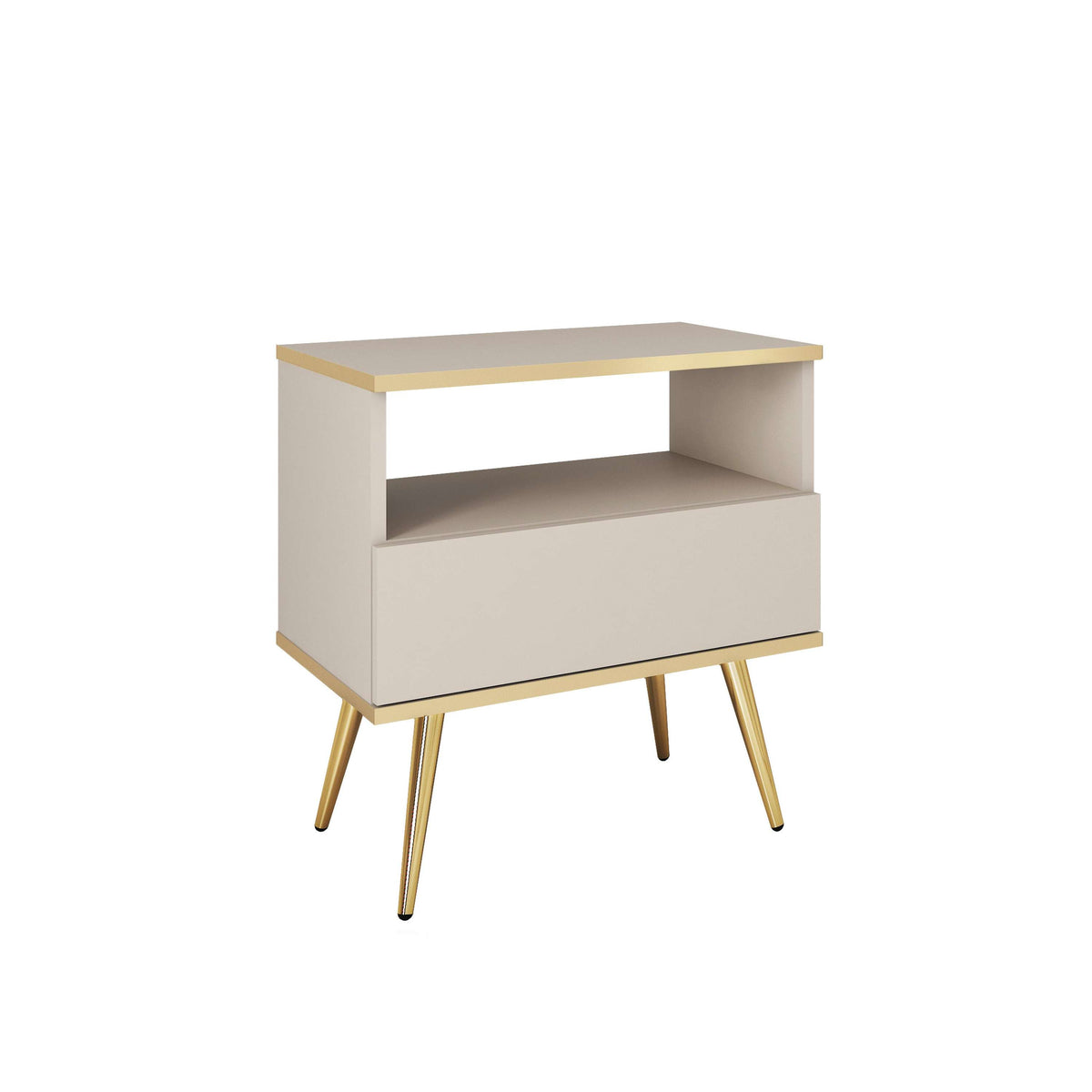 White small bedside cabinet with open shelf and drawer, tapered light wood legs