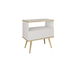 White small bedside cabinet with open shelf and drawer, tapered light wood legs