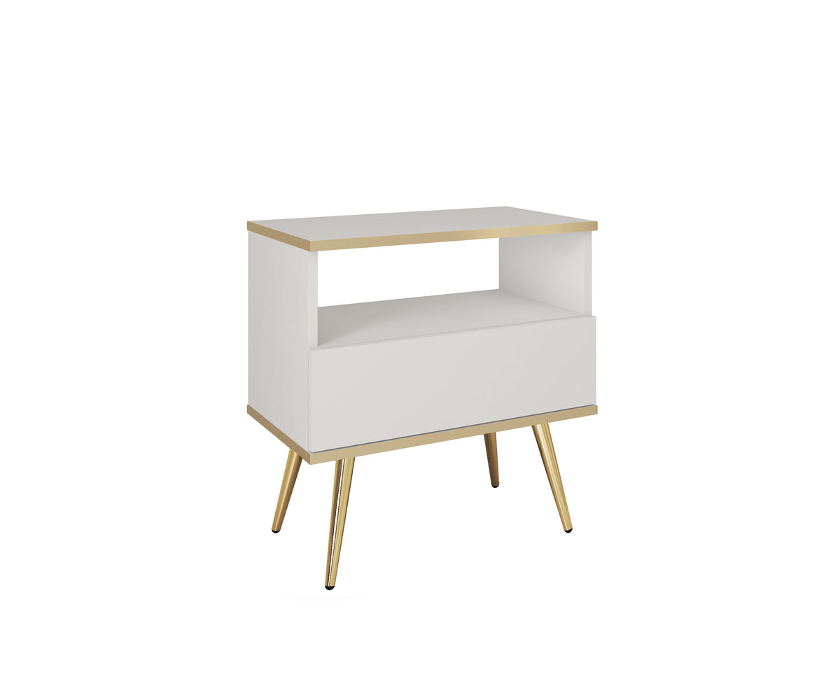 White small bedside cabinet with open shelf and drawer, tapered light wood legs