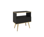 Black small bedside cabinet with open shelf and drawer, tapered light wood legs