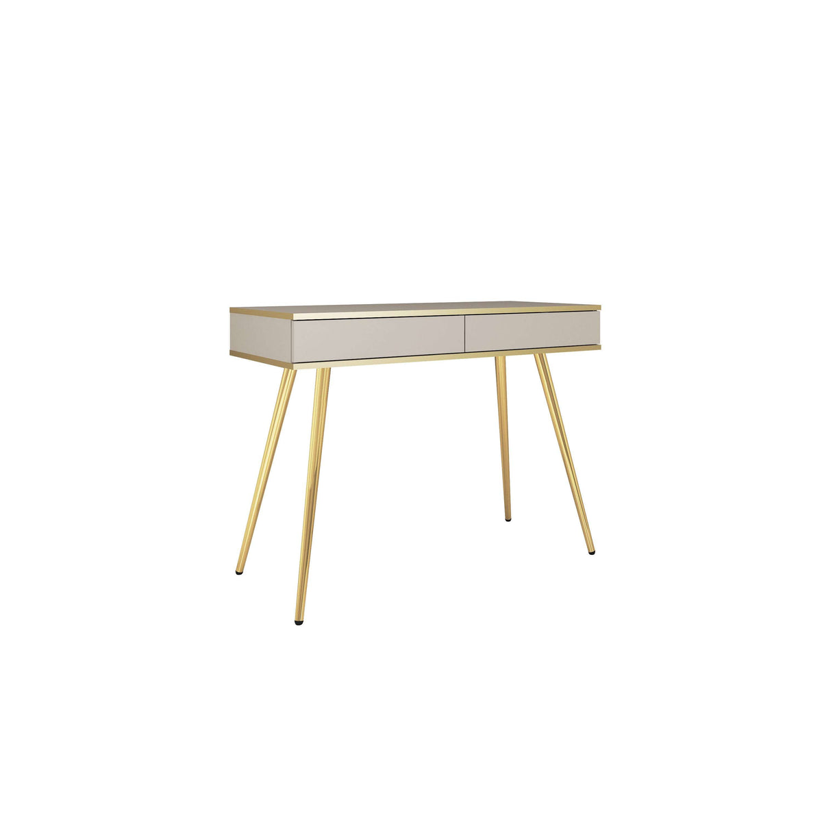 Cashmere dressing table desk with light top, gold tapered legs and side trim