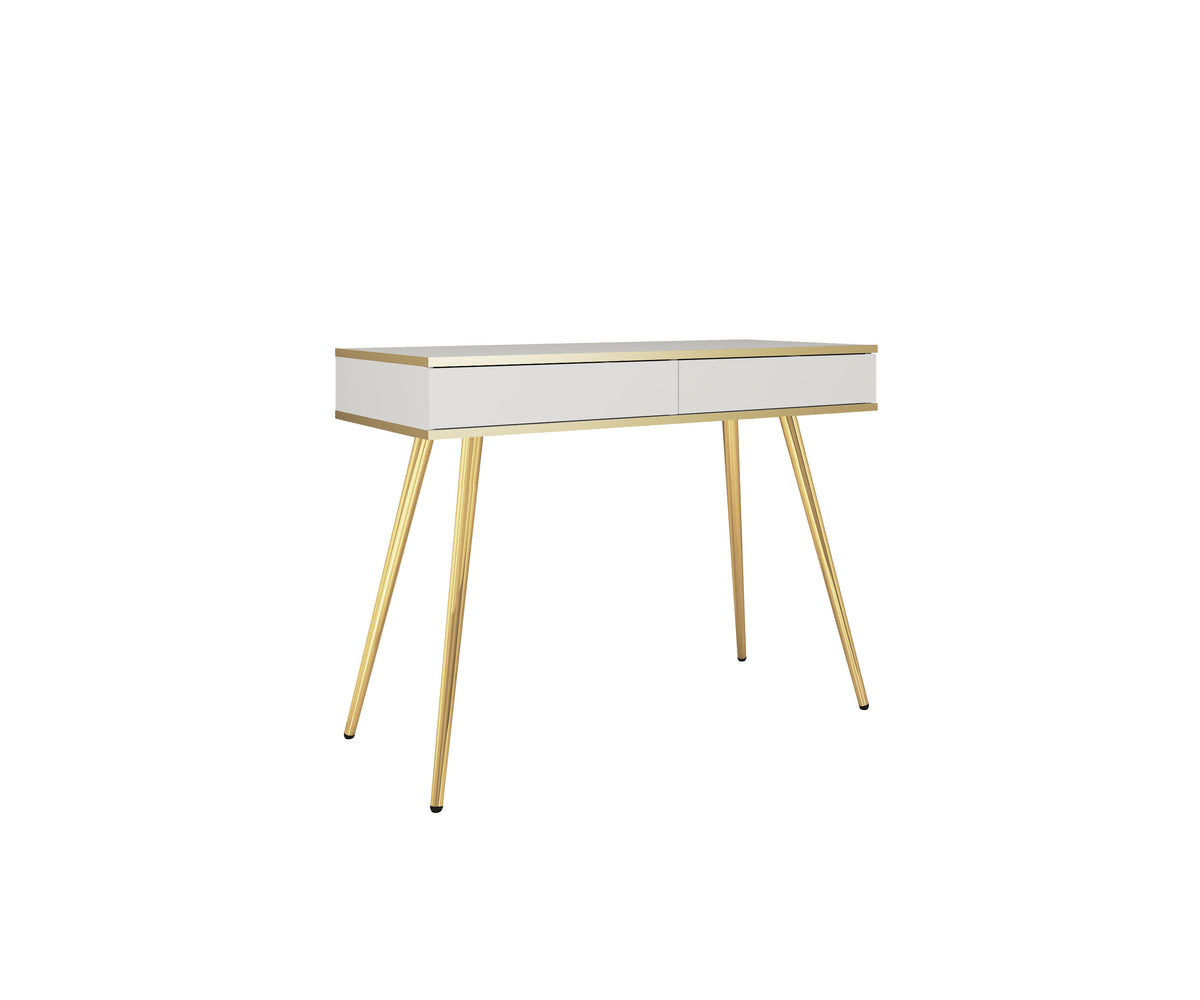 Cream dressing table desk with light rectangular top and gold tapered legs