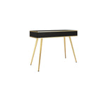 Black dressing table desk with gold tapered legs and slim top edge detail