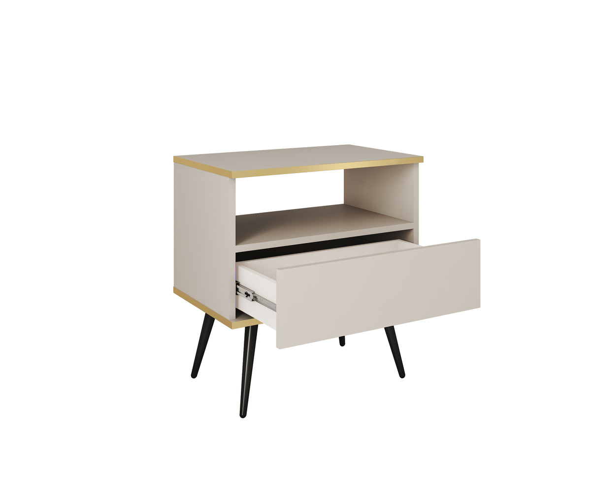 Cashmere small bedside cabinet with open shelf and pull-out drawer, dark legs