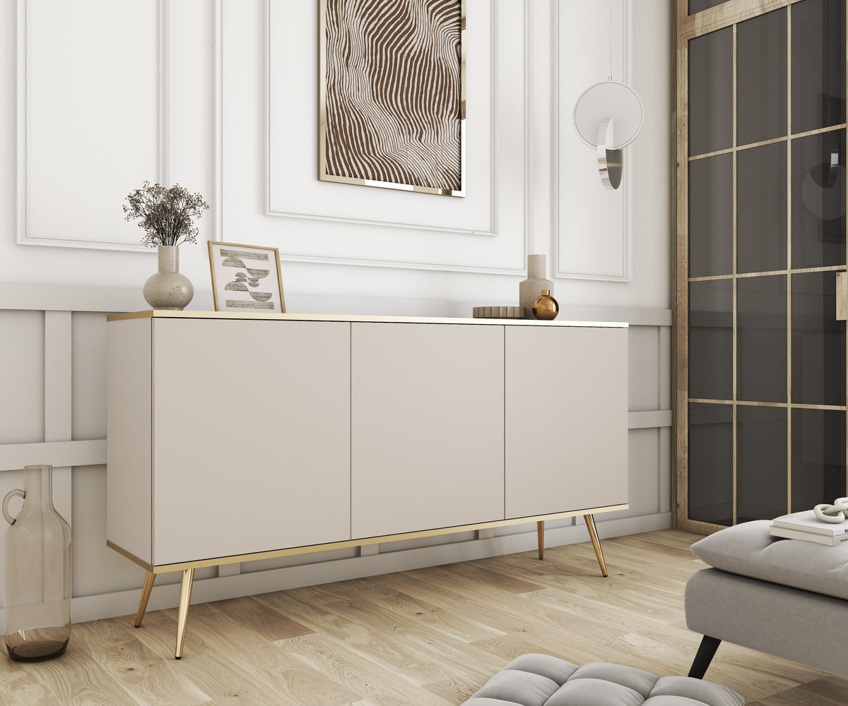 Cashmere 3-door sideboard with three flat doors and gold-toned tapered legs