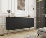 Black 3-door sideboard with three panel doors and gold-toned tapered legs