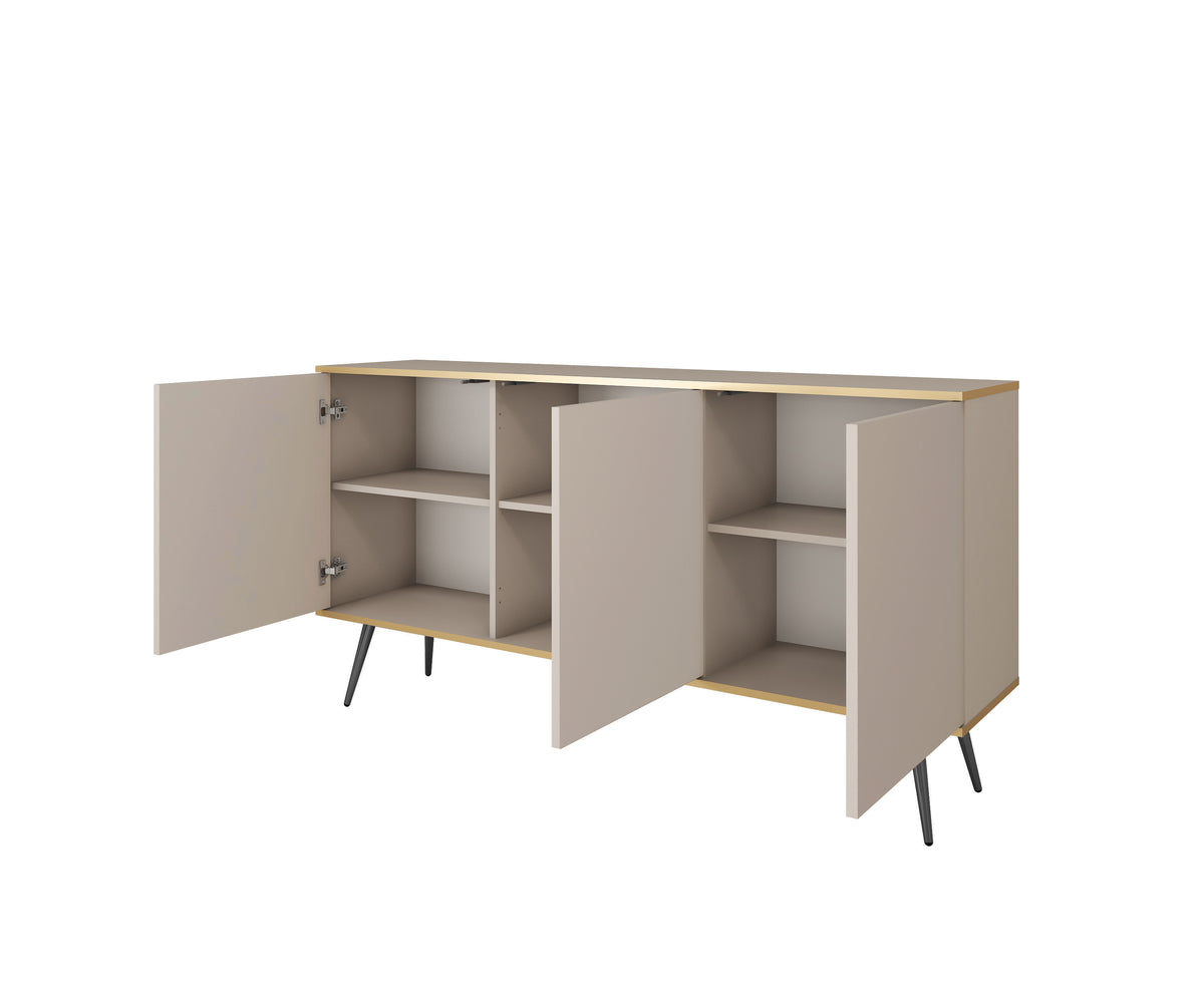 3-door sideboard with interior shelving and open doors, showing storage compartments