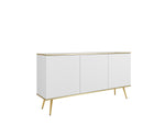 White 3-door sideboard with three panel doors and gold-toned tapered legs