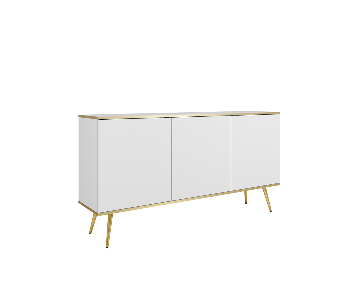 White 3-door sideboard with three panel doors and gold-toned tapered legs