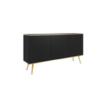 Black 3-door sideboard with three panel doors and gold-toned tapered legs