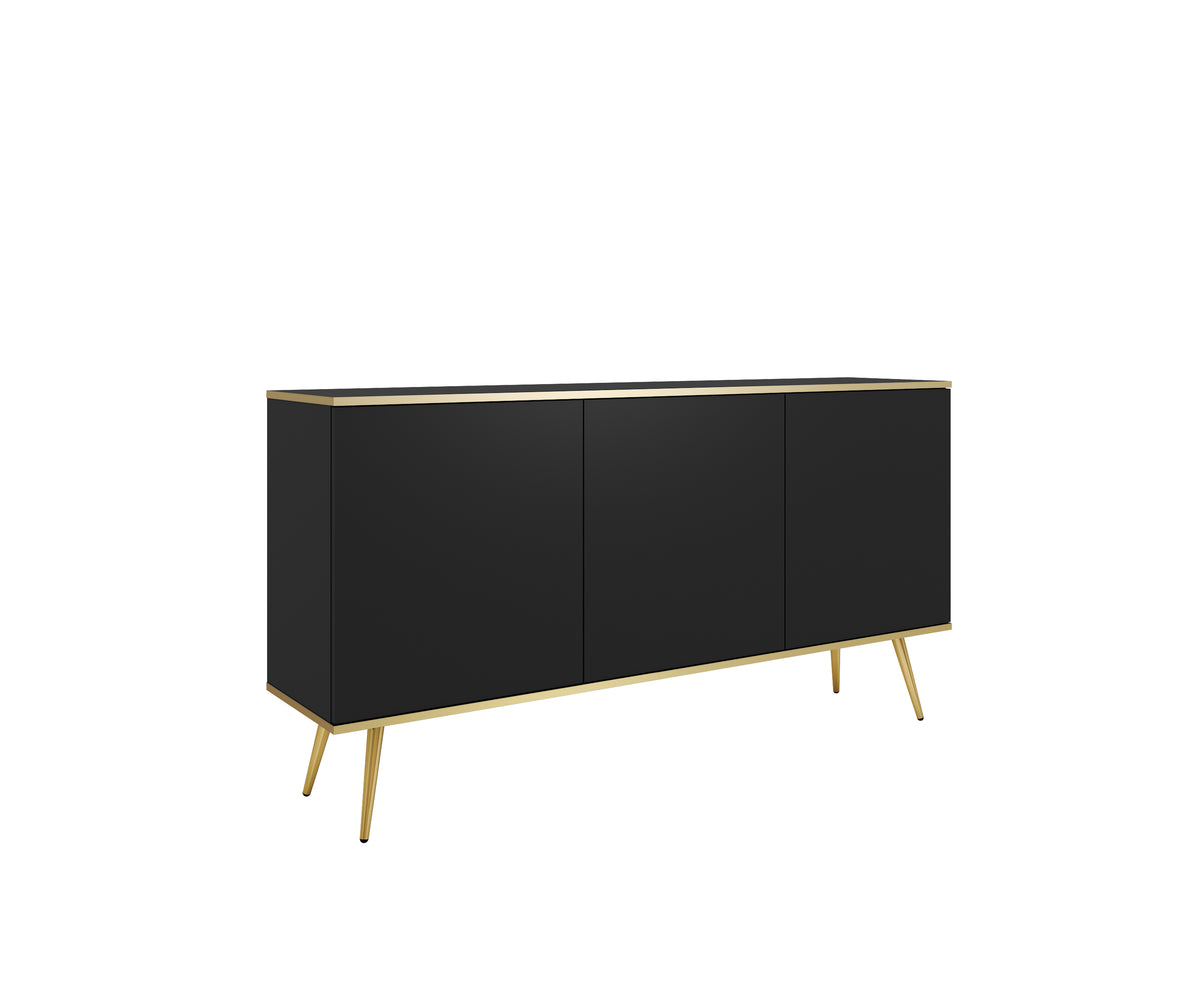 Black 3-door sideboard with three panel doors and gold-toned tapered legs