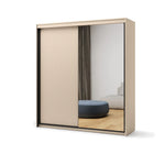 Double sliding door wardrobe with ribbed cream doors, open view of interior