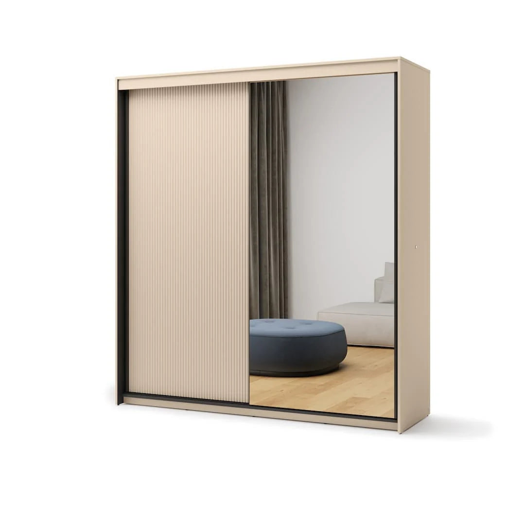 Double sliding door wardrobe with ribbed cream doors, open view of interior