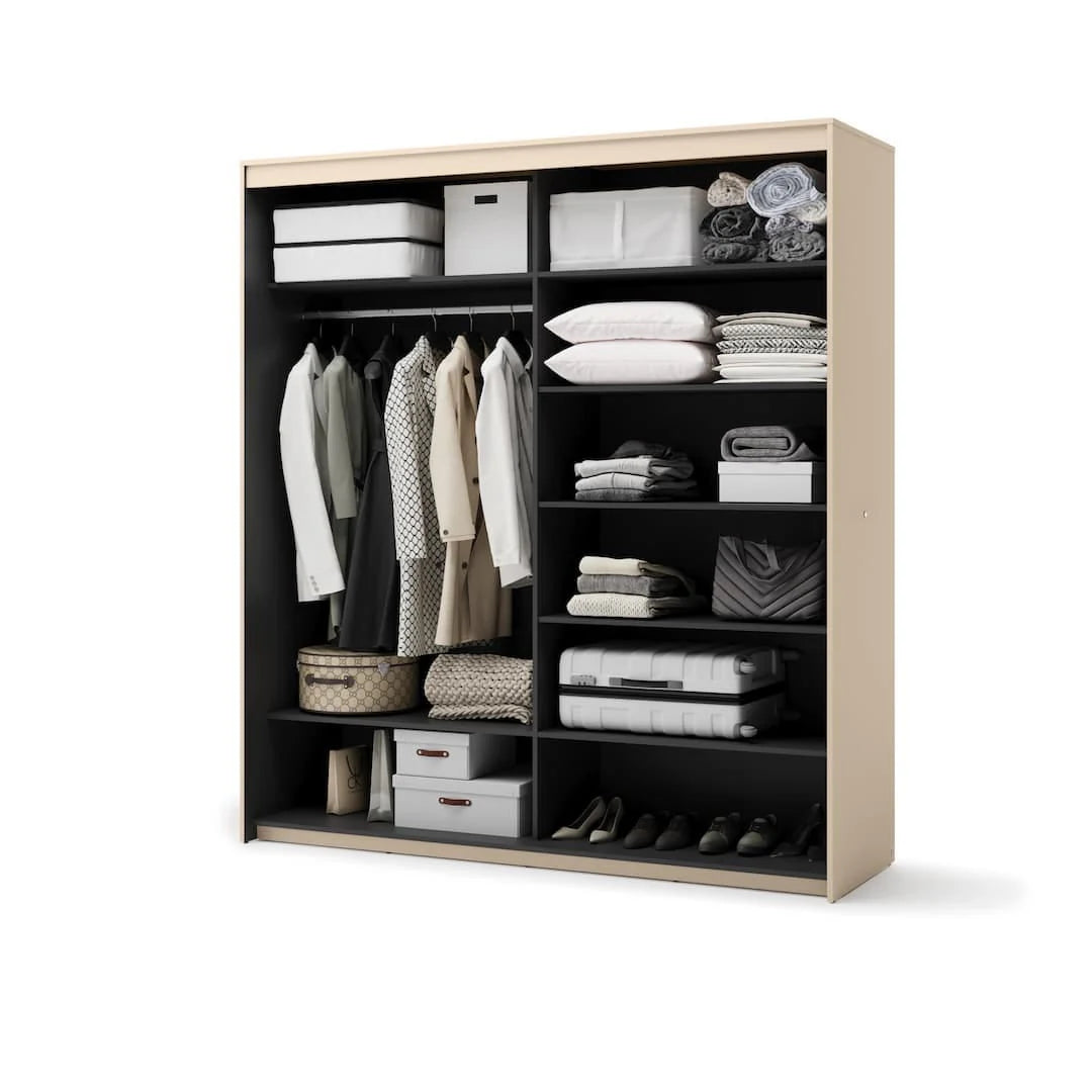 Double sliding door wardrobe with open shelves and hanging rail, light wood finish