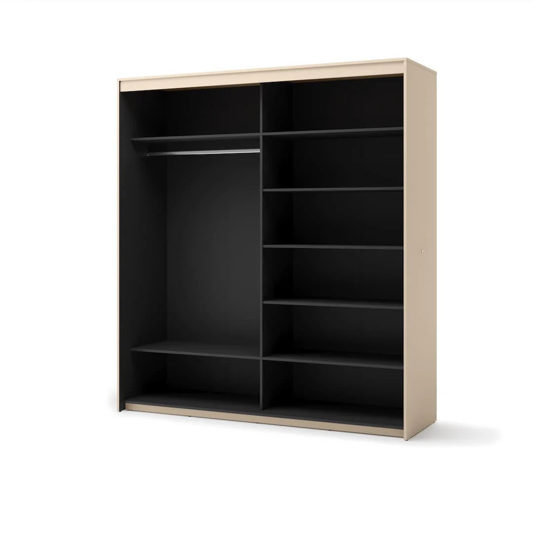 Double sliding door wardrobe cabinet with interior shelves, light wood frame