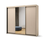 Triple sliding door wardrobe with ribbed beige doors and dark frame, closed front