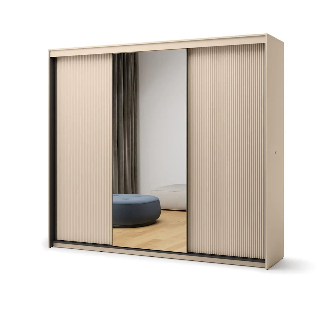 Triple sliding door wardrobe with ribbed beige doors and dark frame, closed front