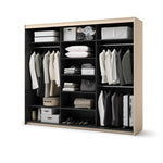 Triple sliding door wardrobe open with hanging clothes, shelves, and folded bedding