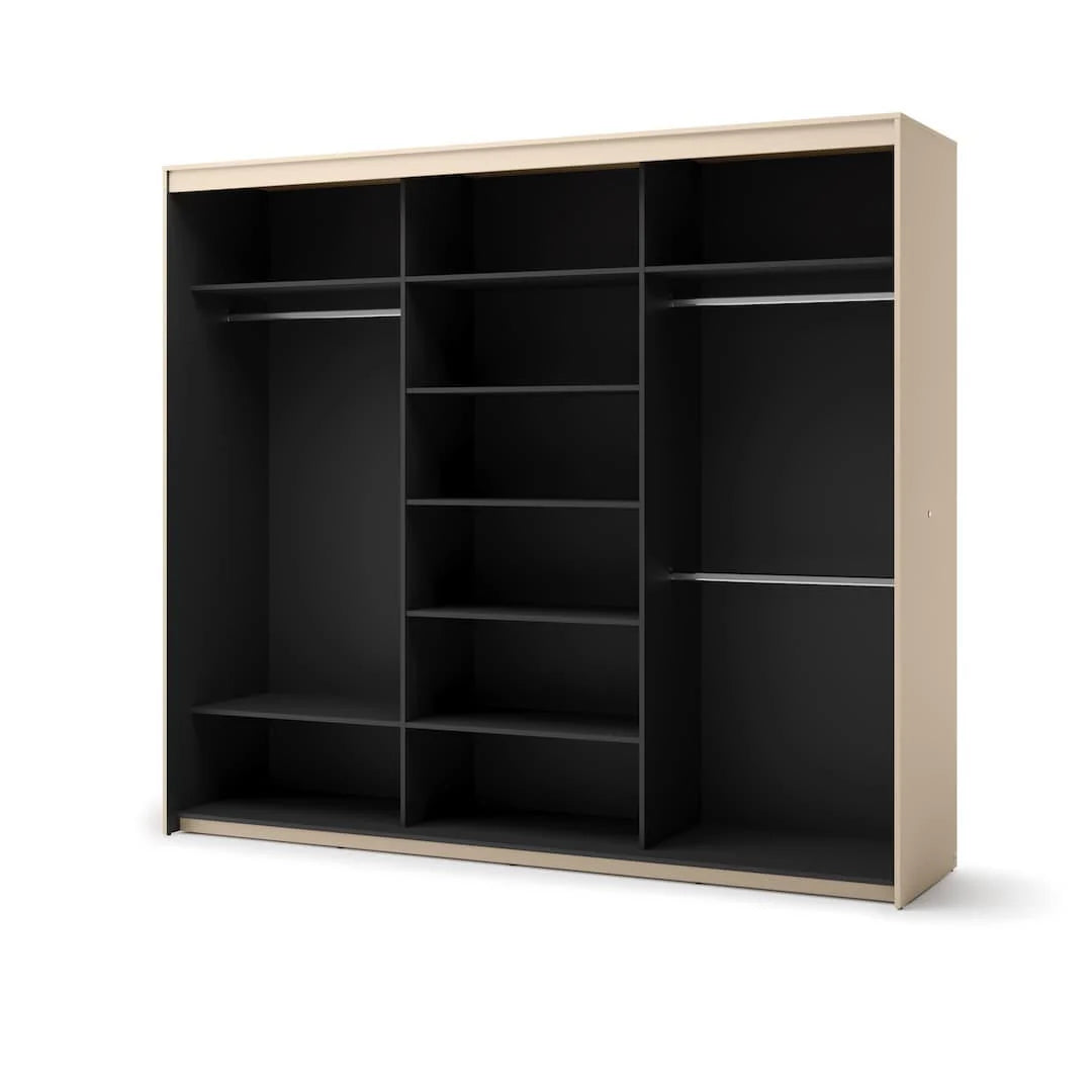 Triple sliding door wardrobe interior with multiple shelves and partitions, black lining