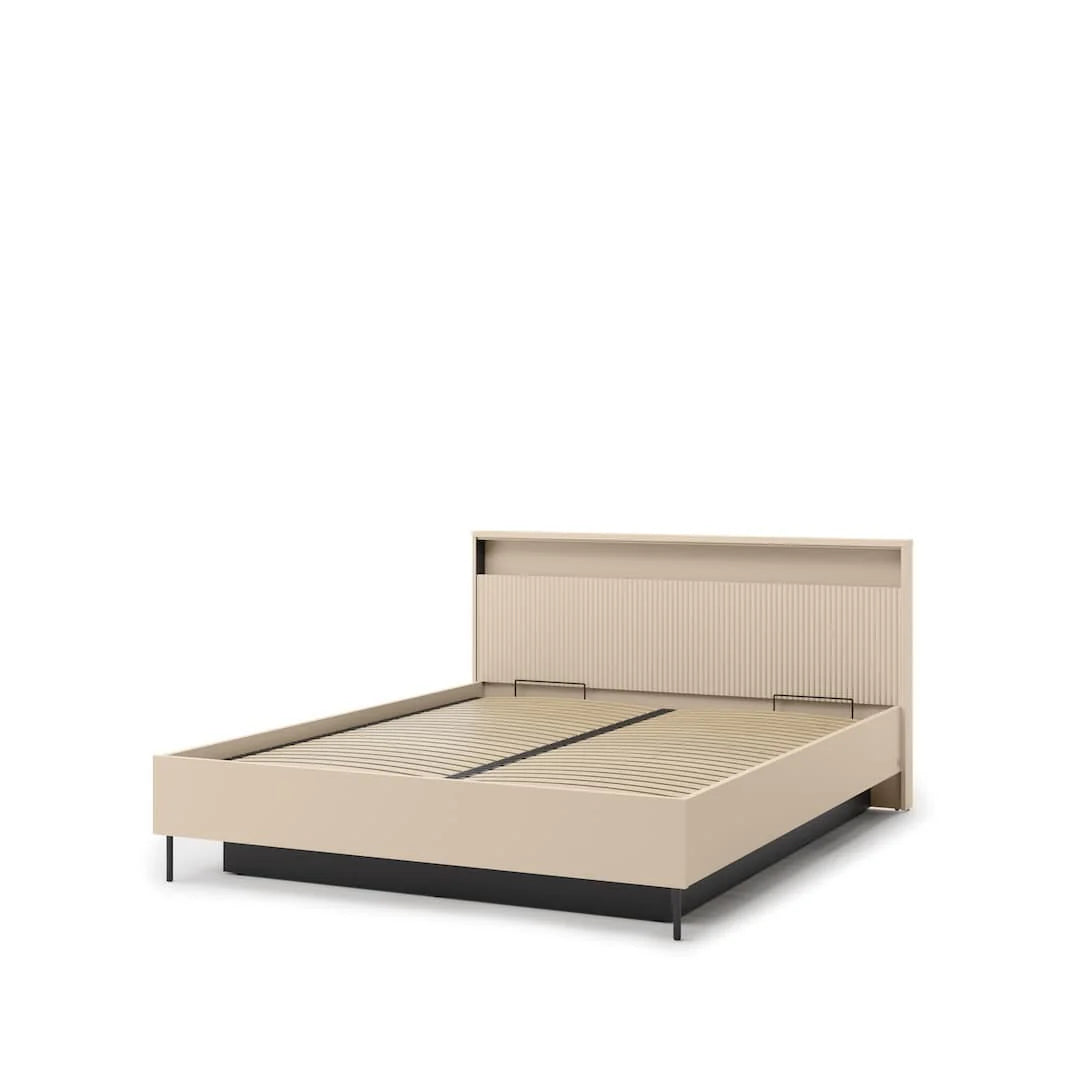 Beige upholstered ottoman bed with open storage base and slatted mattress support