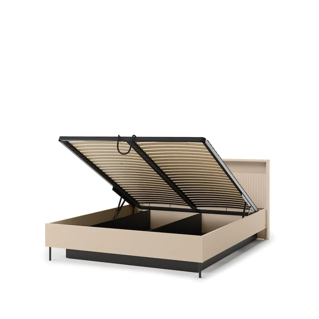 Beige ottoman bed with raised slatted support lid and open interior storage