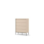 Tall chest of drawers with ribbed beige fronts, four drawer lines, thin metal legs