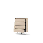 Tall chest of drawers with ribbed beige fronts, four drawers, slim dark metal legs