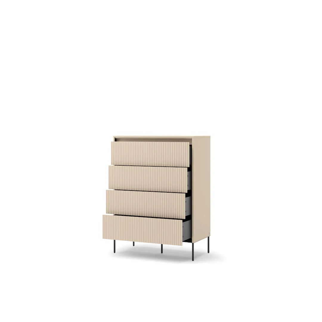 Tall chest of drawers with ribbed beige fronts, four drawers, slim dark metal legs
