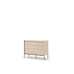 Light beige chest of drawers with two stacked drawers and slim black metal legs