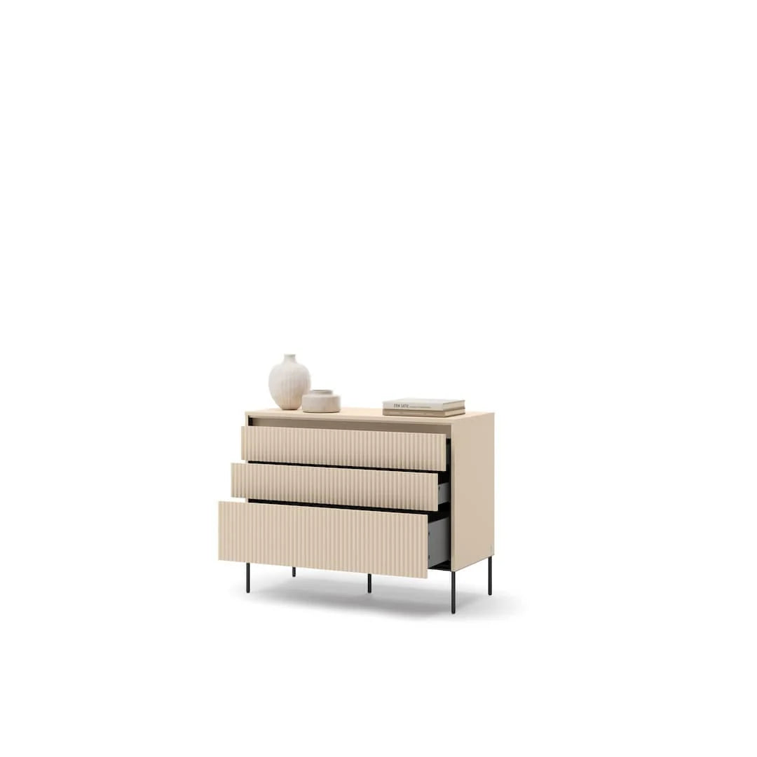 Light beige chest of drawers with two drawers, ribbed fronts, and black metal legs