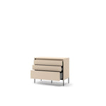 Light beige chest of drawers with two stacked drawers and black metal feet